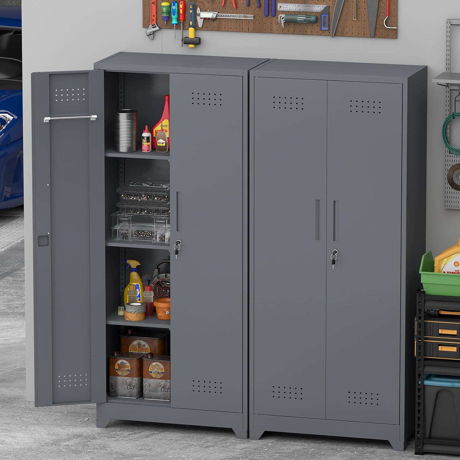 IRONFFICE Tall Storage Cabinet with Doors,Metal Garage Cabinet and Storage,Lockable Utility Closet Cabinets with Pegboard for Basement,Laundry Room,Grey