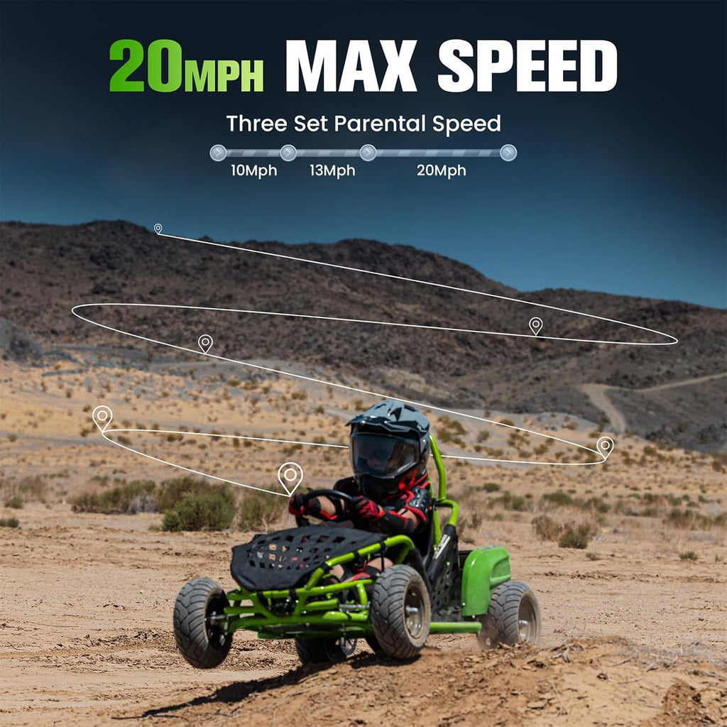 Electric Go Kart, 48V Powered Ride On Car, Steel Tubular Frame, Seat Belt, 13 inch All-Terrain Tires, Parental Speed Control, Max 20 Mph (Green)