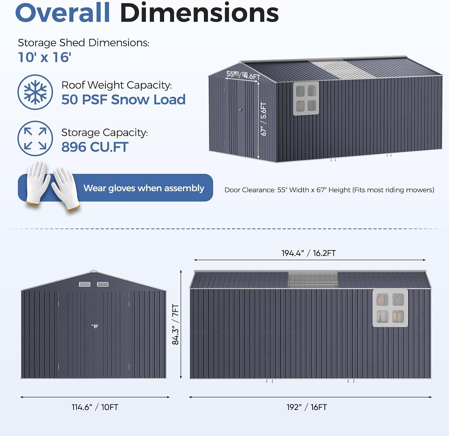 K Knowbody 10x16 FT Metal Shed with Floor Kit, 20-Gauge Reinforced Frame with Powder Coating, 50 PSF Snow Load & 120 MPH Wind Rated, Large Outdoor Storage Building with Skylight for Garden & Bike