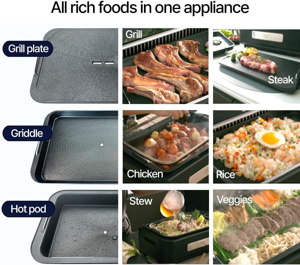 Smokeless Electric Indoor Grill with 3 in 1, Nonstick Grill/Griddle Plates, hot pot, Glass Lid, Portable Korean BBQ Grill with 7-Level Control, black