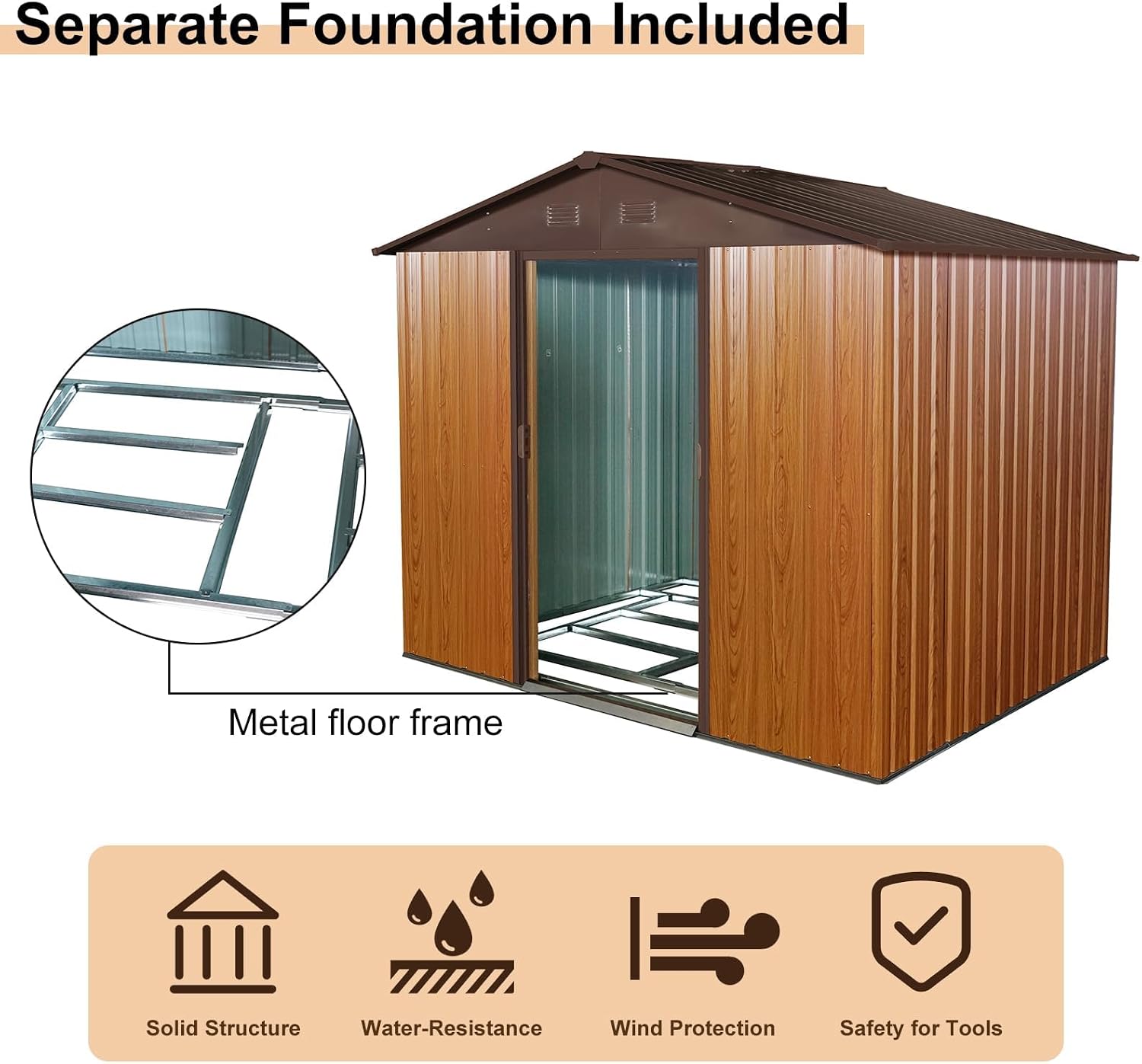 8 x 6 FT Outdoor Storage Shed, Metal Garden Shed with Floor Frame, Tool Shed Outdoor Storage with Lockable Sliding Doors & Air Vents, Storage House Waterproof for Backyard, Lawn, Coffee