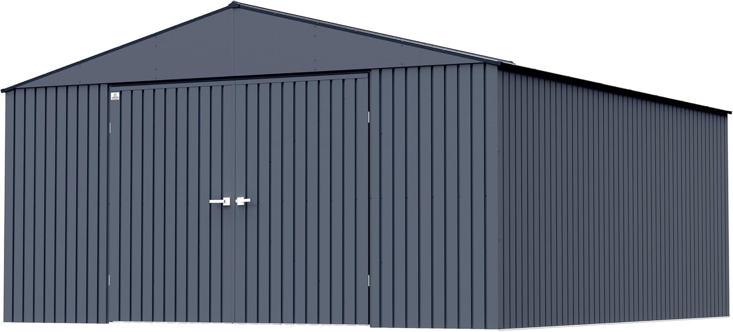 Arrow Shed Elite 14' x 16' Tall Outdoor Steel Storage Shed with High Gable and Lockable Doors Storage Building, Anthracite