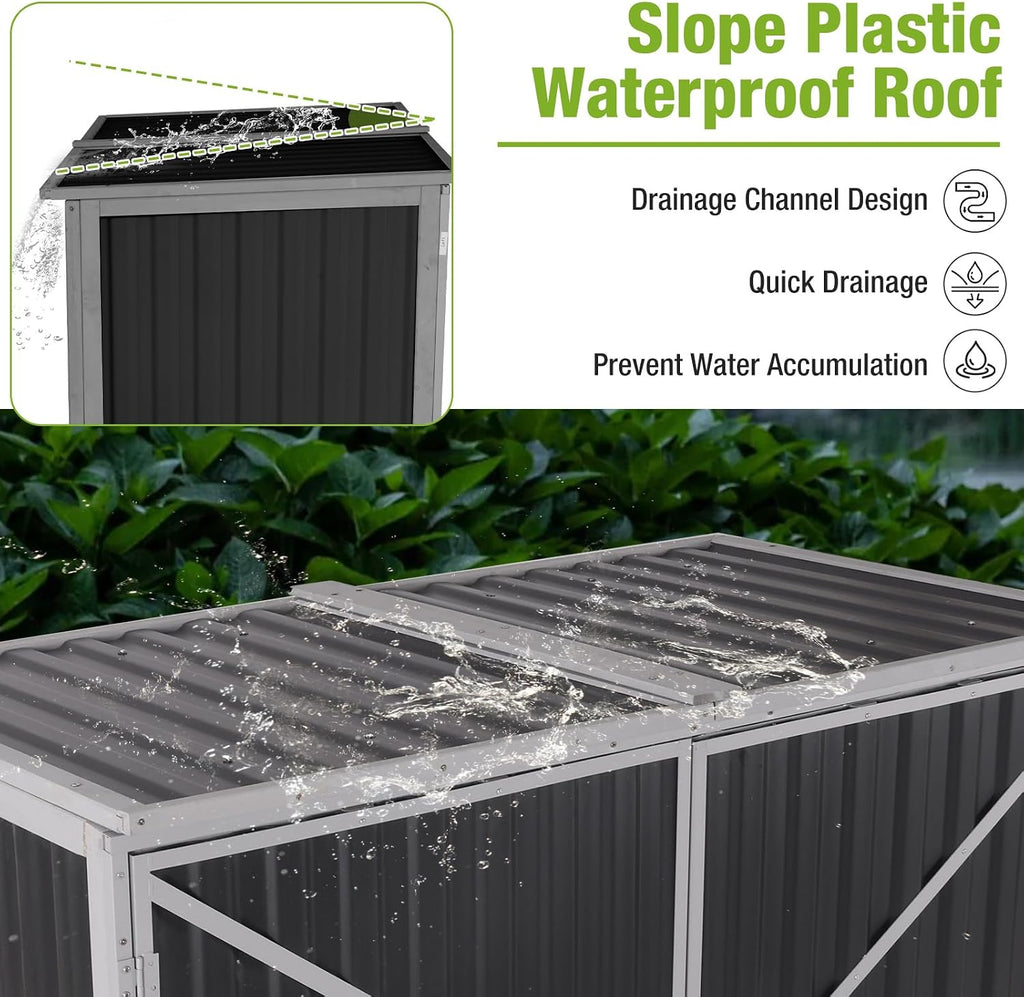 Outdoor Storage Shed with Metal and Wood Frame, Resin Garden Sheds with Removable Shelves and Floor, Weatherproof Plastic Roof Outdoor Trash Can Shed, Horizontal Storage Cabinet for Patio(Black)