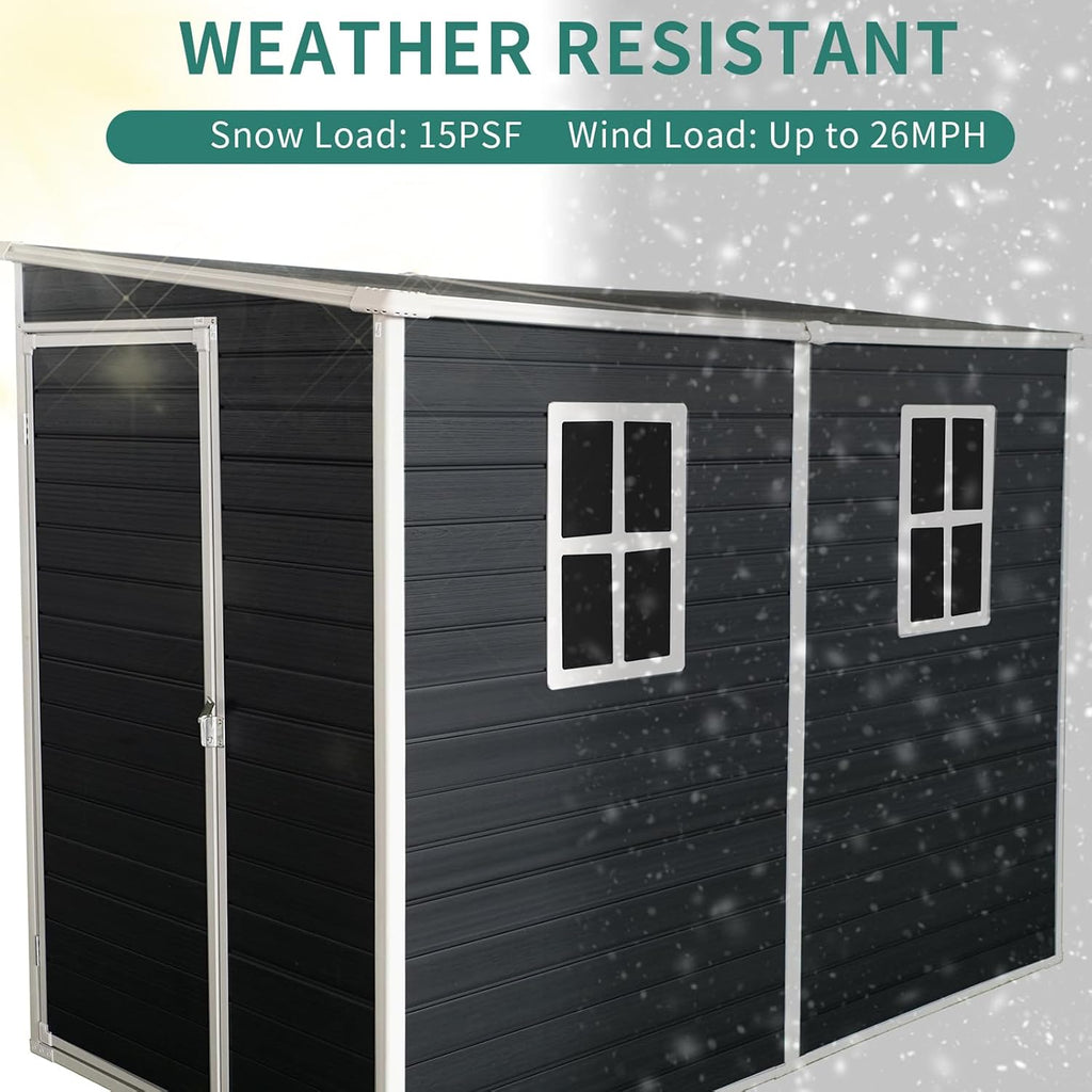 8x4FT Plastic Sheds & Outdoor Storage, Resin Shed with Floor, Plastic Storage Shed with Double Lockable Doors, Windows & Steel Frame, Lawn Mower Shed for Backyard/Garden Tools/Bike (8x4FT Single Door)