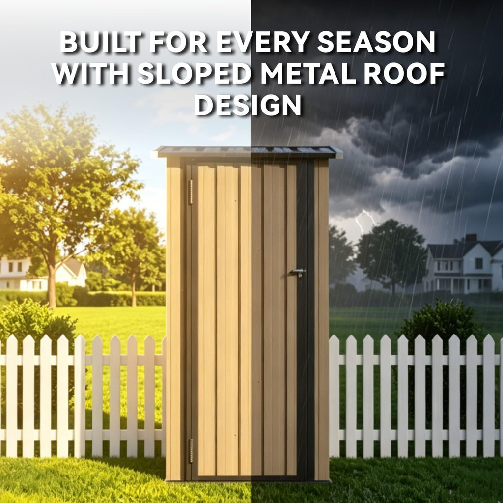 Aoxun Outdoor Storage Shed with Floor - Vertical Cabinet, 3x3 FT Metal Shed with 2 Adjustable Shelves & Lockable Doors Waterproof Tools Shed for Backyard, Garden, Patio, Lawn (Brown)