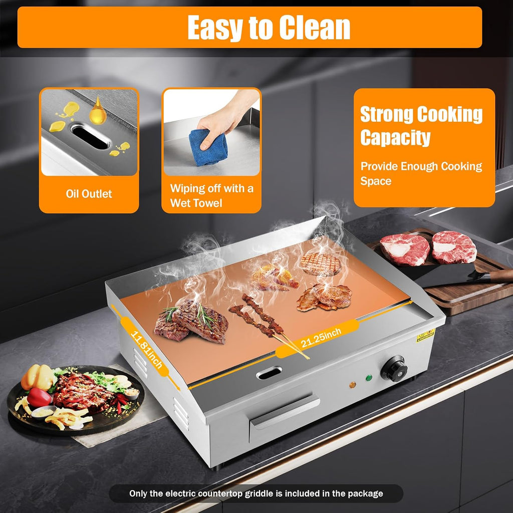 22' Commercial Electric Griddle Countertop Flat Top Griddle Stainless Steel Hibachi Teppanyaki Grill BBQ Plate 122-572℉ Adjustable Temp Control for Restaurant Kitchen,110V (3000W)
