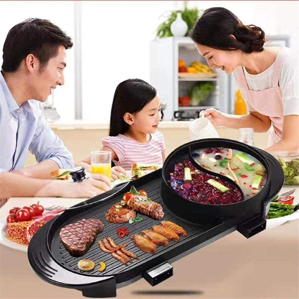 Electric BBQ Grill Indoor Cookware BBQ Electric Grill Pan with Hot Pot 2 in 1 Indoor/Outdoor 1700 Watts Electric Oven/Teppanyaki Electric Grill/Hot Pot BBQ Griddle Camping,Portable Nonstick G