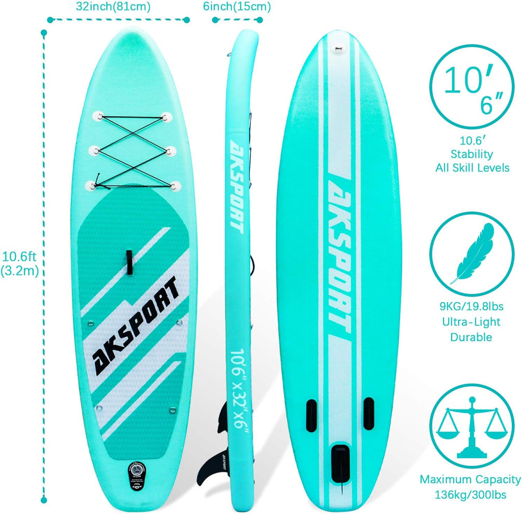 AKSPORT 11' Inflatable Stand-Up Paddle Board with Upgraded SUP Accessories Kit | Extra Wide 34' Design | Non-Slip Deck | Premium SUP Board for Adults & Youth of All Levels