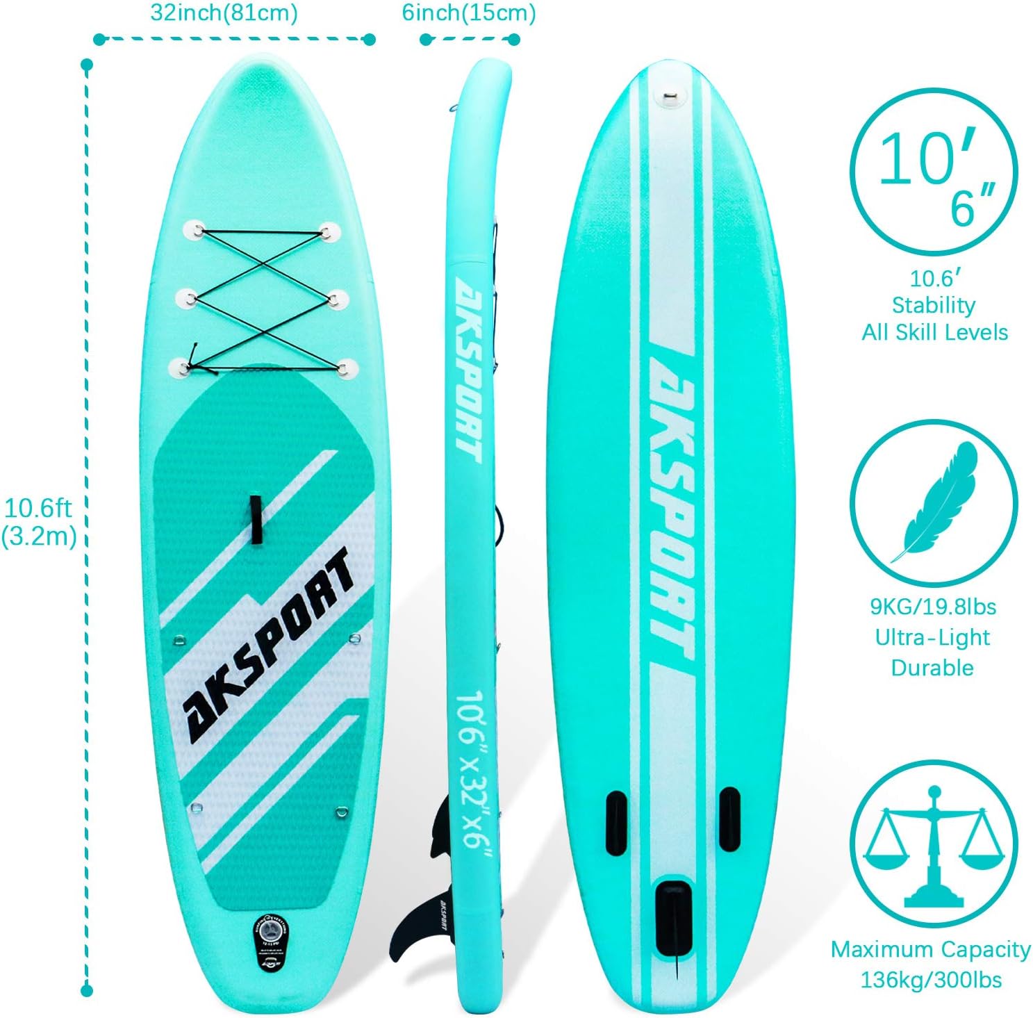 AKSPORT 11' Inflatable Stand-Up Paddle Board with Upgraded SUP Accessories Kit | Extra Wide 34' Design | Non-Slip Deck | Premium SUP Board for Adults & Youth of All Levels