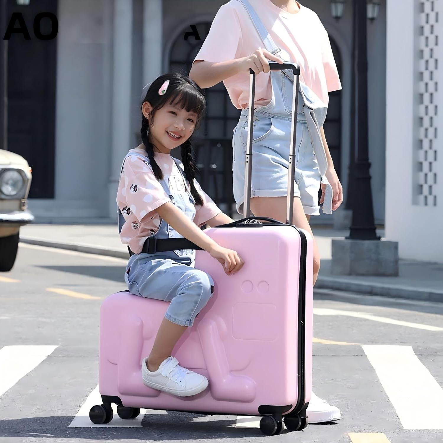 24' Kids Ride On Suitcase with Wheels & Safety Belt, Ride-On Suitcase with DIY Stickers & with Password Lock, Suitcase for Boys & Girls Ages 4-12 Years (Pink)