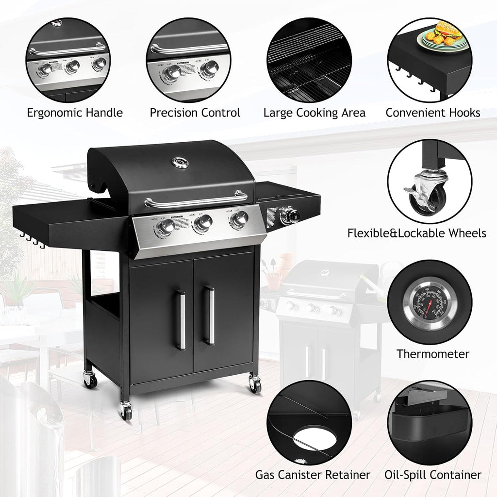 Bonnlo 3 Burner Propane Grills with Side Burner and Porcelain-Enameled Grates, 46000BTU Gas Grill with Side Shelf and Portable Rolling Wheels, Grill for Outdoor Cooking BBQ Patio Backyard