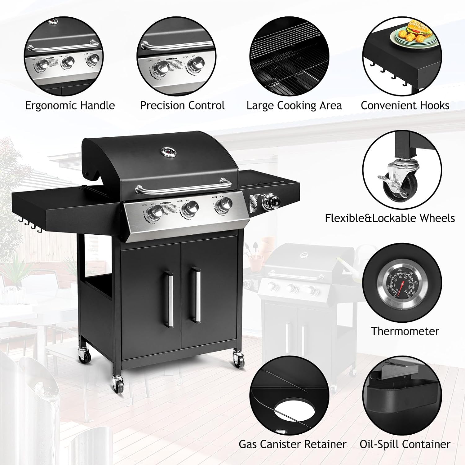 Bonnlo 3 Burner Propane Grills with Side Burner and Porcelain-Enameled Grates, 46000BTU Gas Grill with Side Shelf and Portable Rolling Wheels, Grill for Outdoor Cooking BBQ Patio Backyard