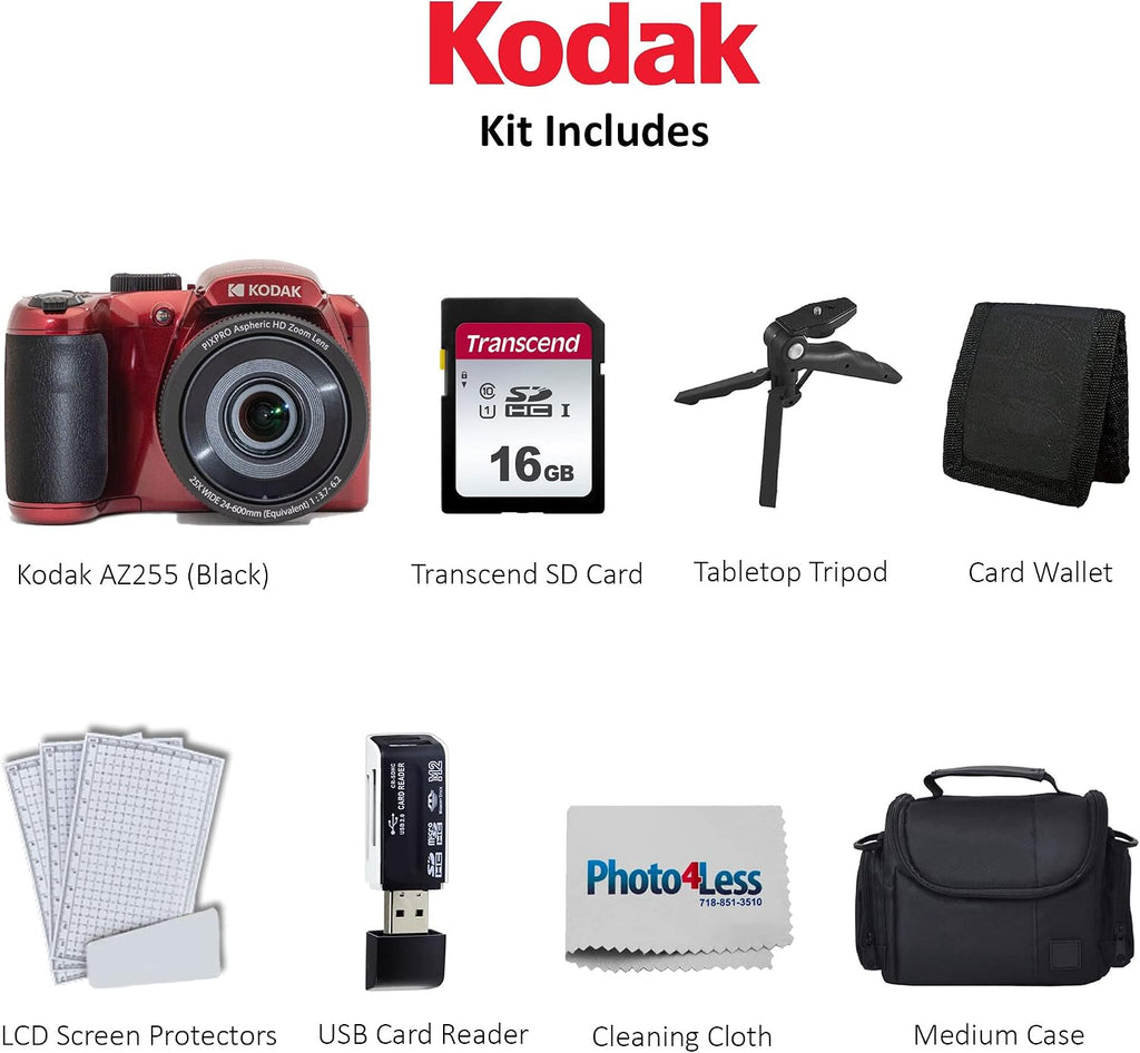 Kodak PIXPRO AZ255 Astro Zoom 16MP Digital Camera (Red) Bundle, Point & Shoot Camera Case, 16GB Memory Card, USB Card Reader, Table Tripod, Accessories