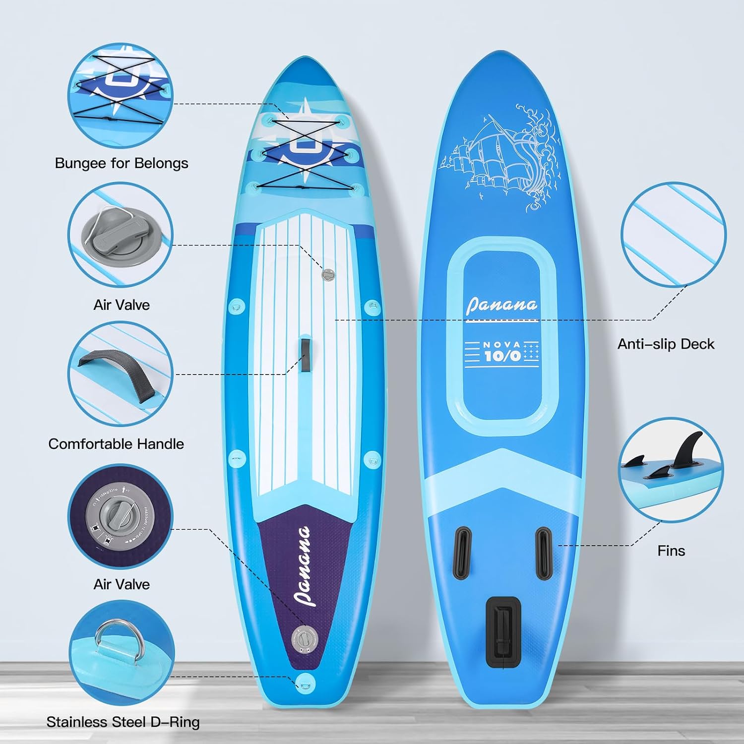 Panana Inflatable Stand Up Paddle Board 10'/10'8''x30''/32''x6'' iSUP Non-Slip Deck Paddleboard for Adults Beginners Youth, with Paddle Pump Fins Leash Backpack