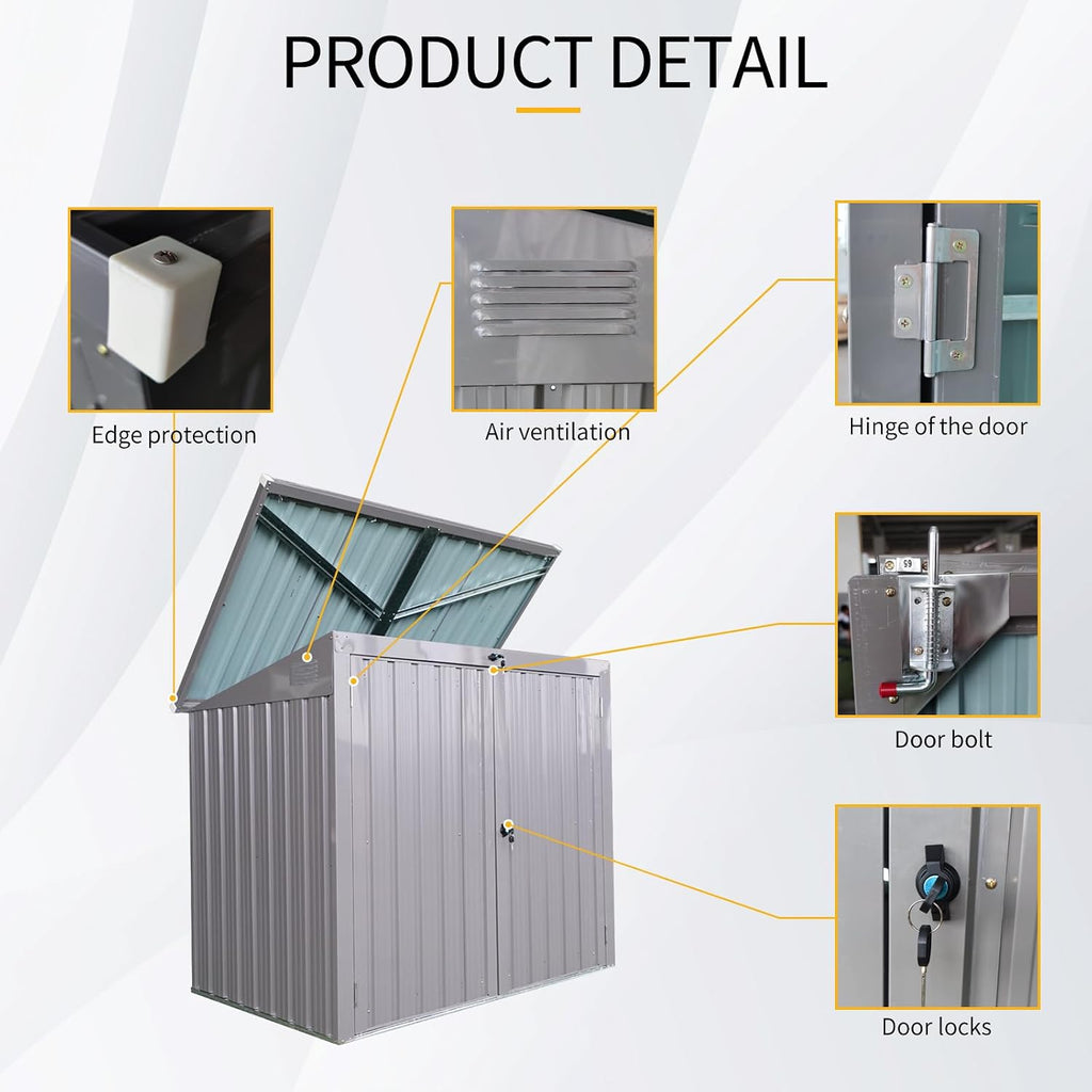 JT Double Garbage Bin Shed, 62' x 40' x 53' Outdoor Storage Shed with Lockable Door, Waterproof Galvanized Garbage, Metal Trash Can Storage for Garden Patio, Backyard, Lawn, Grey