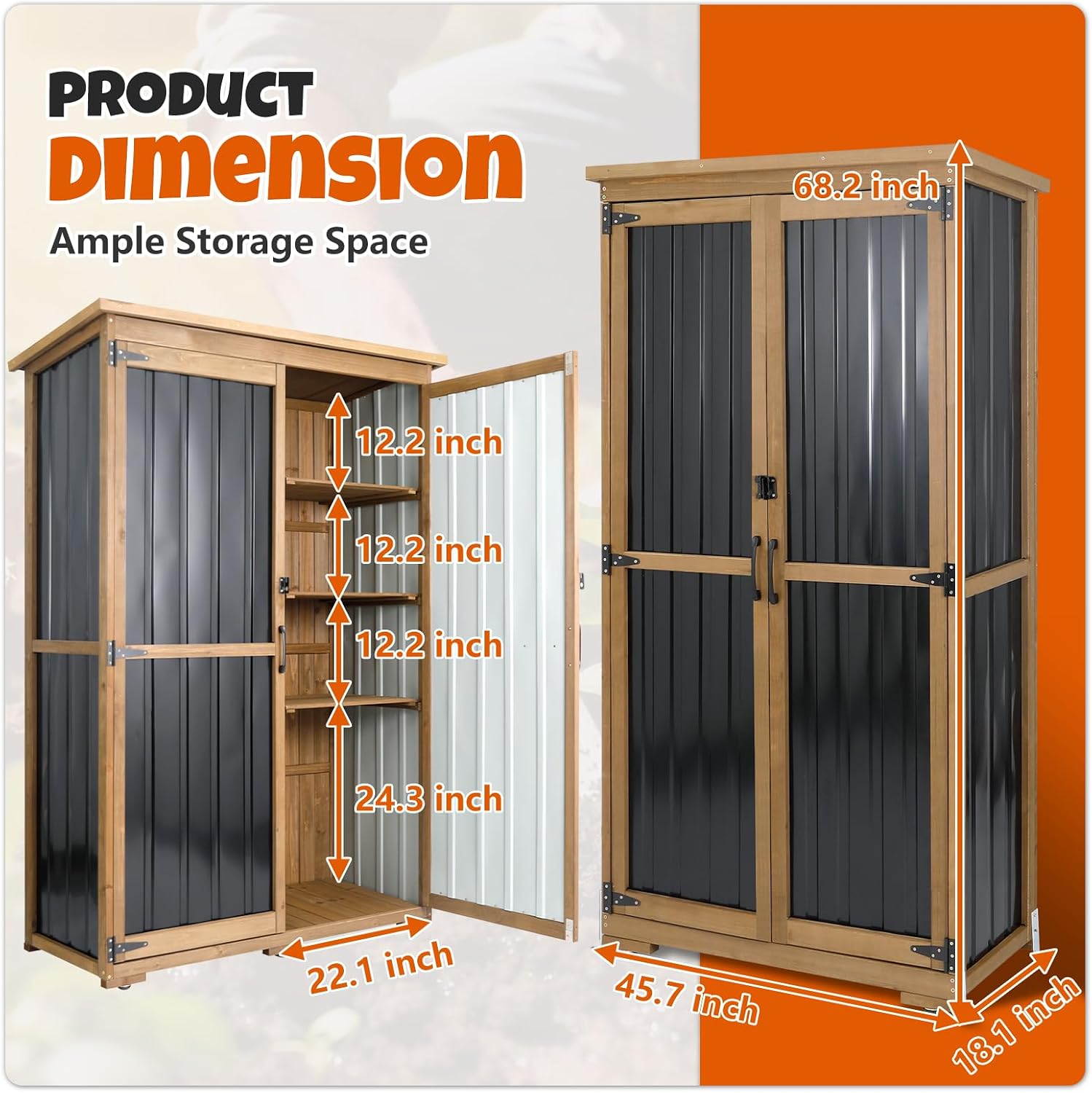Outdoor Storage Cabinet with Shelves, Wood & Metal Storage Shed with Weatherproof Roof, 3 Removable Shelves, Lockable Doors, Adjustable Feet, Outside Storage Cabinet for Garage, Patio, Backyard