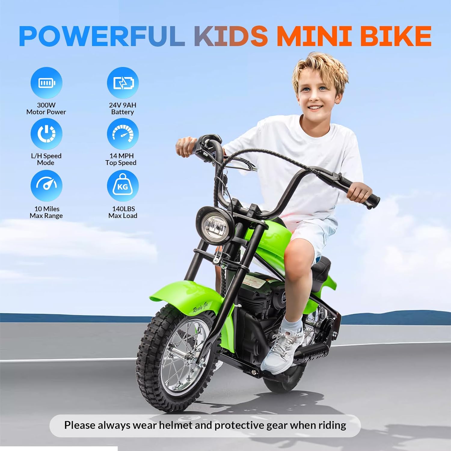 Garveelife Electric Dirt Bike, 15 Mph & 150lb Max, 24V Ride On Toy for Big Kids w/Led Lights & Power Display, 300W Chain-Driven Motor, Two Speed, Handbrake, Leather Seat, 12' Air-Filled Tires, Green