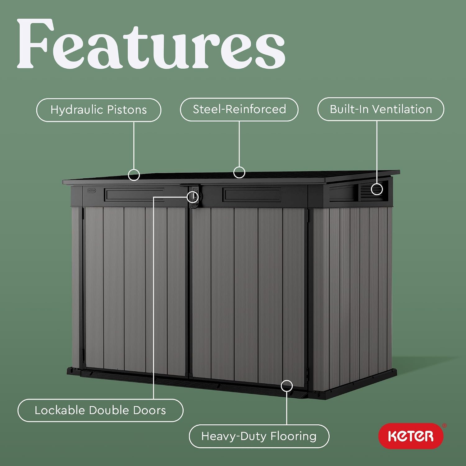 Keter Premier Jumbo 6.2 x 4.3 ft Outdoor Resin Horizontal Storage Shed for Garbage Bins, Yard Tools & Garden Equipment, All‑Weather, Lockable Outdoor Storage