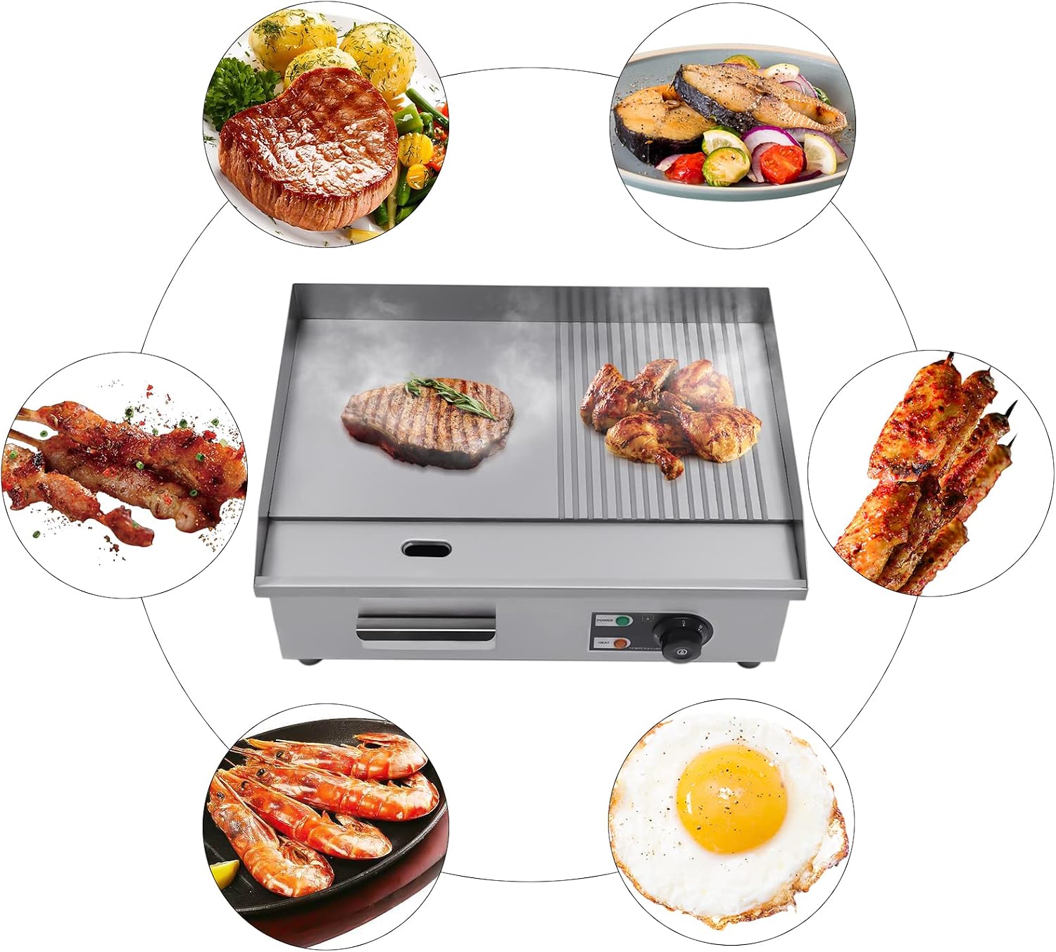 22' Commercial Electric Griddle Countertop Flat Top Griddle Stainless Steel Hibachi Teppanyaki Grill BBQ Plate 122-572℉ Adjustable Temp Control for Restaurant Kitchen,110V (1600W-1)