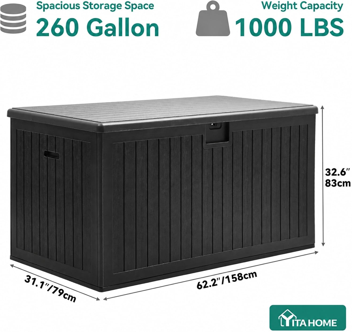 YITAHOME 260 Gallon Large Deck Box with Divider & Side Handles, Outdoor Double-Wall Storage for Patio Furniture Cushions, Garden Pool Accessories, Water Resistant & Lockable, Black