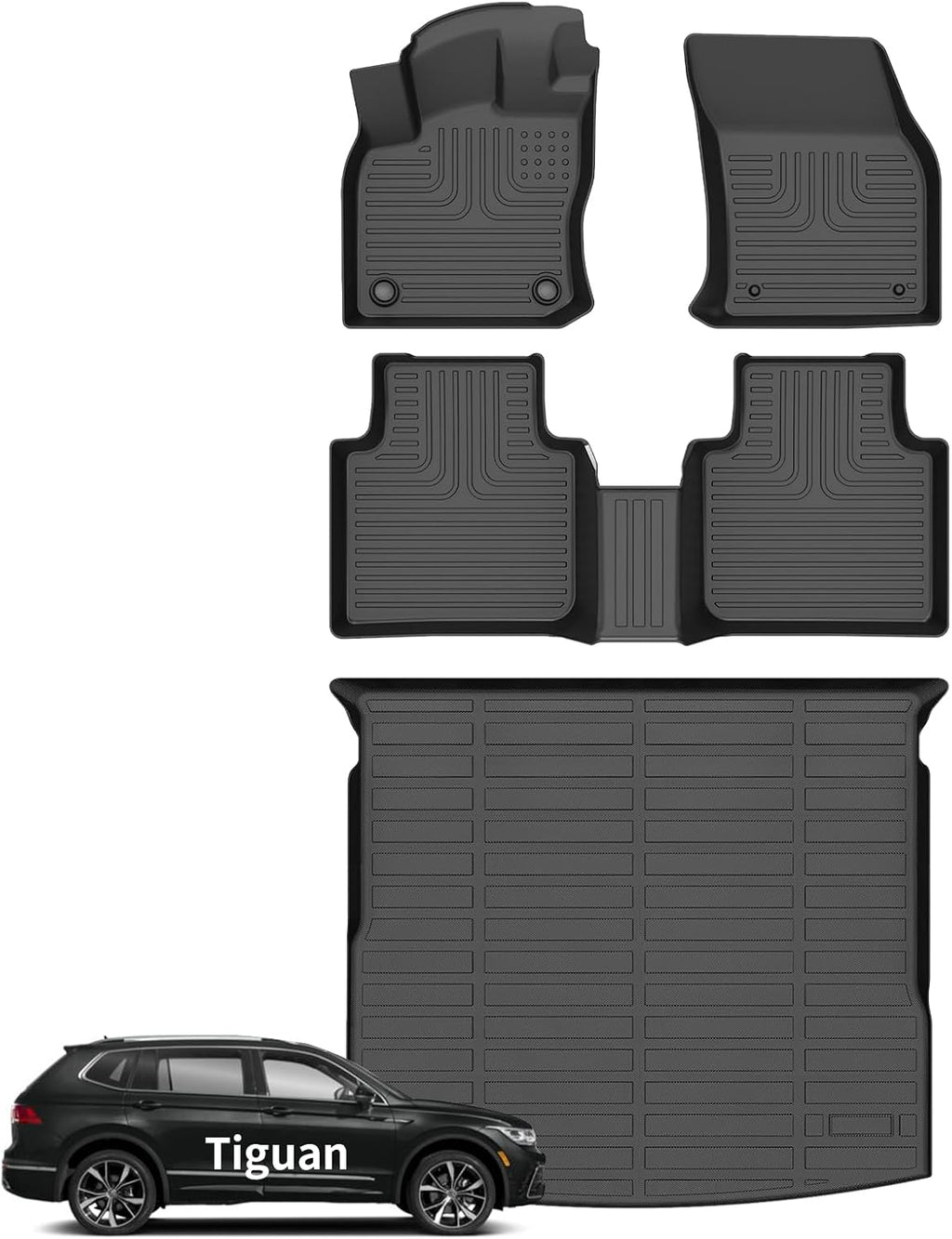 Wayhigh® Floor Mats & Cargo Liner for Volkswagen Tiguan 2018-2024 (Only 5 Seats) All Weather TPE Car Mats Cargo Mat Waterproof Anti-Slip Floor Liners VW Tiguan Accessories- Black