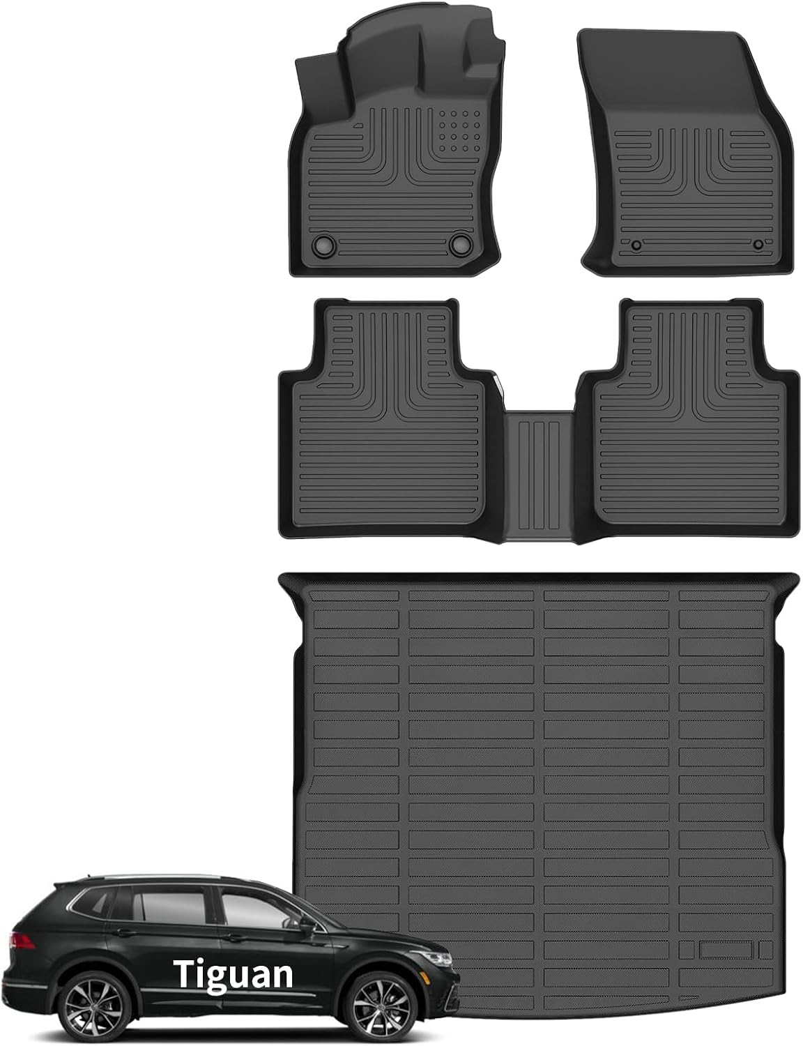 Wayhigh® Floor Mats & Cargo Liner for Volkswagen Tiguan 2018-2024 (Only 5 Seats) All Weather TPE Car Mats Cargo Mat Waterproof Anti-Slip Floor Liners VW Tiguan Accessories- Black