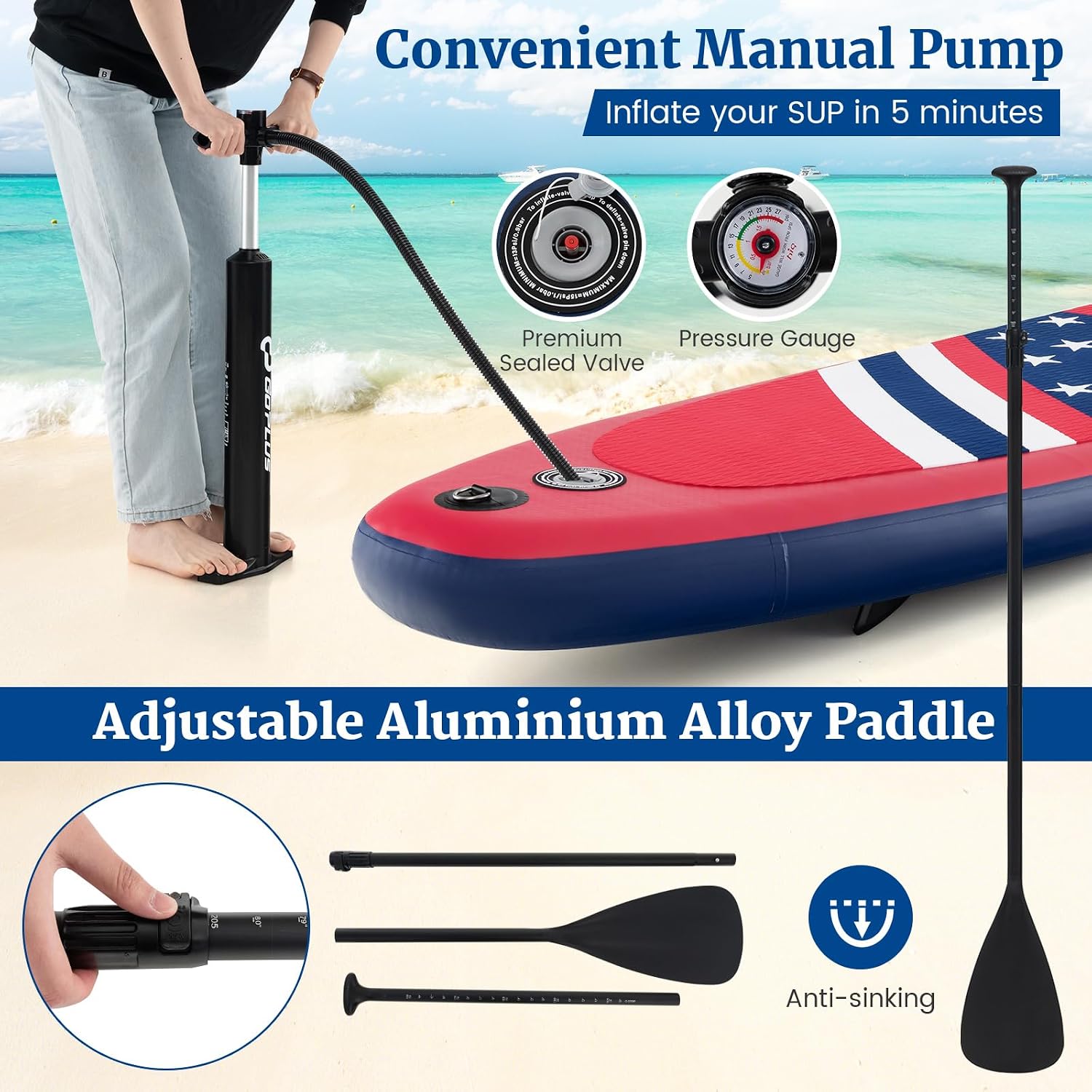 GYMAX Stand Up Paddle Board, Inflatable SUP with Wide Non-Slip EVA Deck, Accessories-Leash, D Rings, Hand Pump, Adjustable Paddle & Backpack, Paddle Boards for Adults Youth