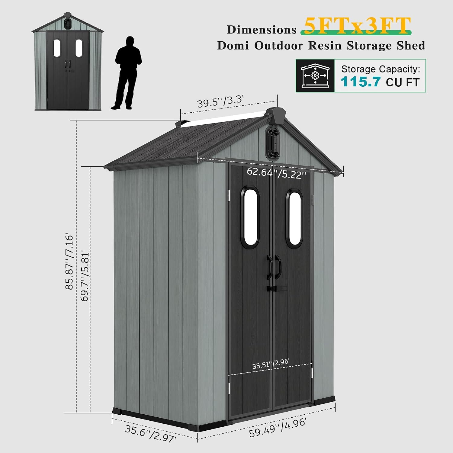 Domi 5x3FT Resin Outdoor Storage Shed with Lockable Door, Waterproof Outside Sheds with Windows & Vents, Heavy-Duty Plastic Tool Storage Shed for Patio Furniture, Lawn Mower, Bike