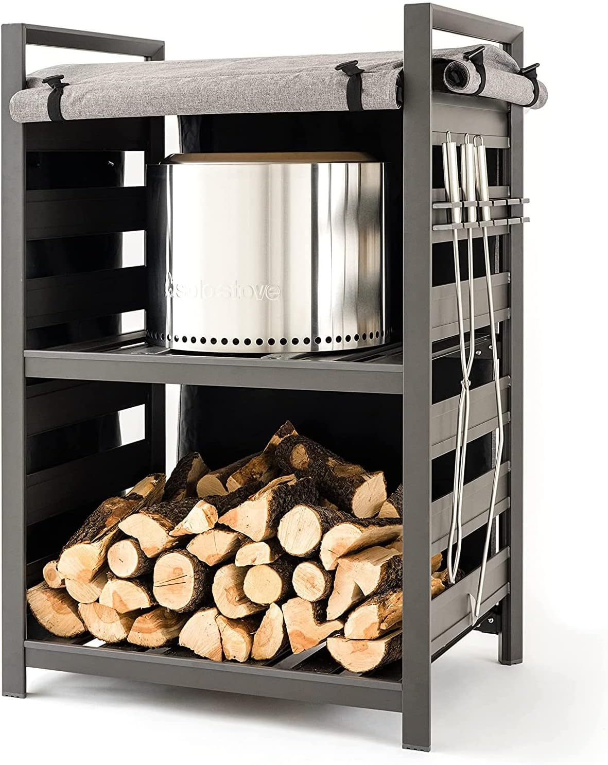 Solo Stove Station 4.4ft with UV Coated Cover Aluminum Firewood Rack for Fire Pits, Patio Logs, and Outdoor Tools Accessories, Flexible Wood Rack with Two Shelf Organization Log Rack, Grey