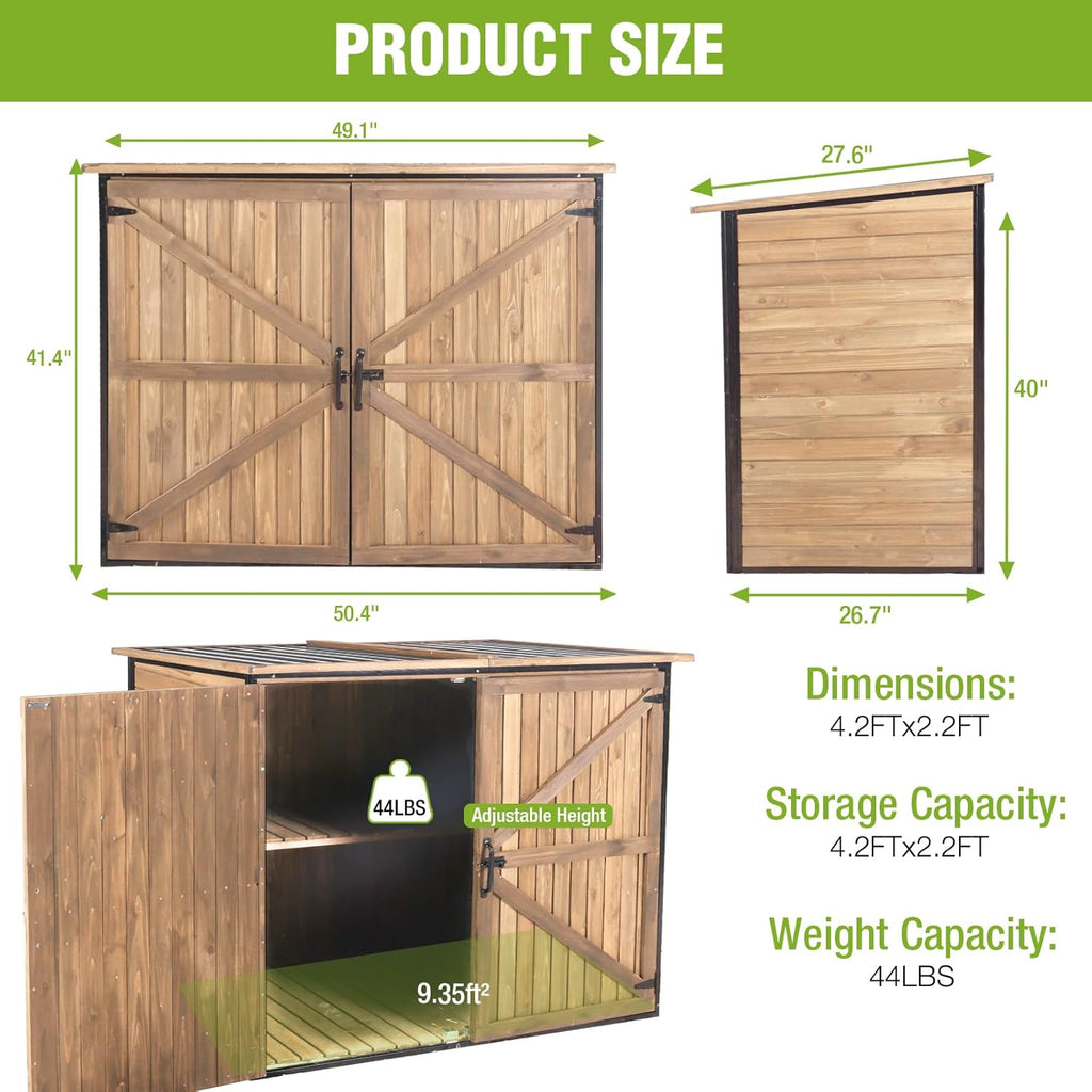 Outdoor Storage Shed with Strong Metal Frame, Wooden Garden Sheds with Adjustable Shelves and Removable Floor, Weatherproof Outdoor Trash Can Shed, Horizontal Storage Cabinet for Patio