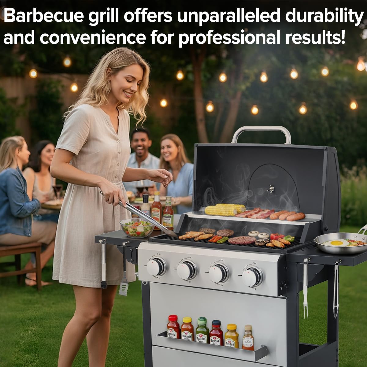 CIG GARDEN 4-Burner Propane Gas Grill, 42,000 BTU Stainless Steel BBQ with Foldable Side Tables, Outdoor Grill for Patio, Garden, Backyard & Camping