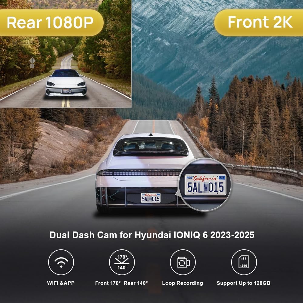 Fitcamx 2K Dual Dash Cam Adapts for Hyundai IONIQ 6 2023 2024 2025 Limited SEL (Has Auto-Dimming), OEM Style, Front 1440P+Rear 1080P Video, WiFi & APP, Loop Recording, G-Sensor, Easy to Set, 64GB Card