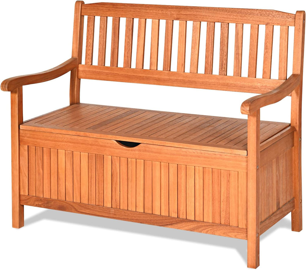 S AFSTAR Outdoor Patio Bench with Storage Box, 33 Gallon Storage Bench Deck Box with Dustproof Liner, Comfort Backrest & Wide Armrest, 800 lbs Capacity, Wood Bench for Garden Patio Park Porch