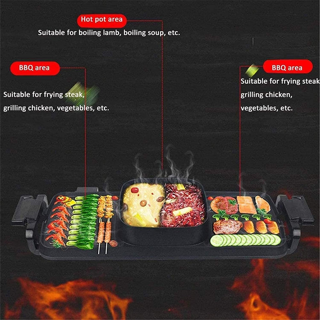 Korean BBQ Grill Shabu-Shabu Grilled One-Piece Pot,Electric Smokeless Grill And Hot Pot Non-Stick Coating Separate Dual Temperature Korean BBQ Grill Pot,Household Nonstick