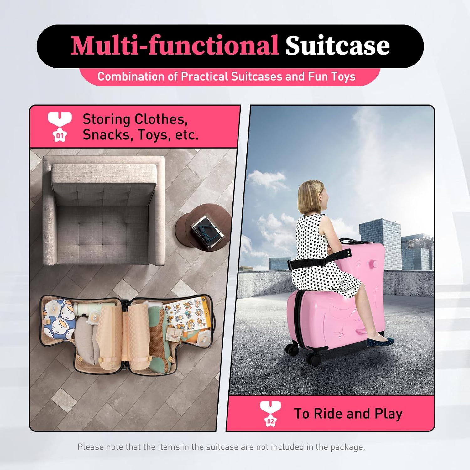 20Inch Kid Ride Suitcase, Portable Kids Travel Suitcase with Lock & Safety Belt, Floor Standing Children's Travel Trolley Case, Ride On Suitcase for Kids Aged 3-6 Years Old