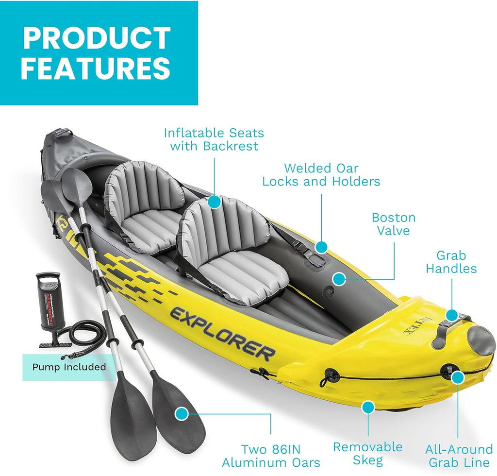 Intex 68307EP Explorer K2 Inflatable Kayak Set: Includes Deluxe 86in Aluminum Oars and High-Output Pump – SuperStrong PVC – Adjustable Seats with Backrest – 400lb Weight Capacity