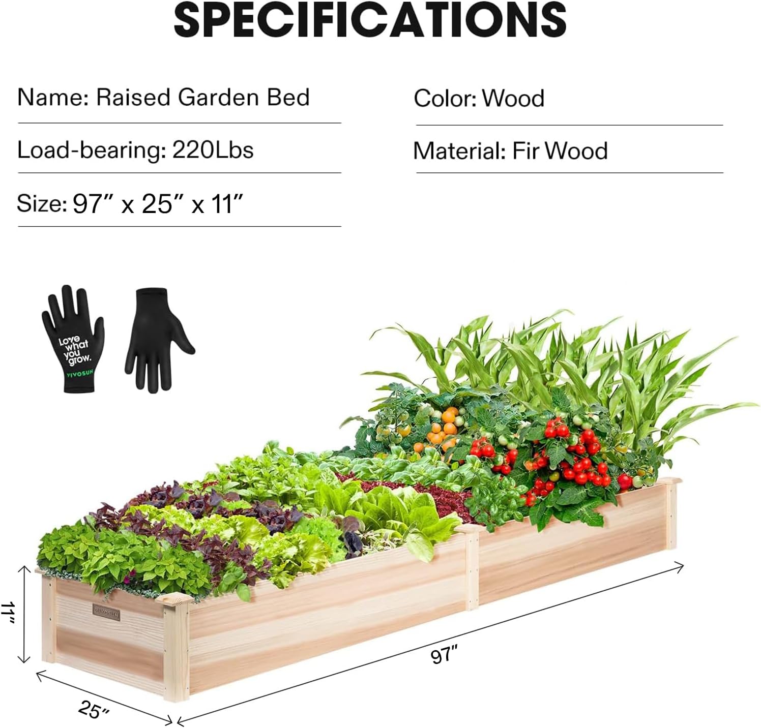 VIVOSUN 8×2Ft Wooden Raised Garden Bed, 97 x 25 x 11 Inches, Outdoor Wood Planter Box with Gloves and a Liner for Garden, Patio, Balcony, Backyard and Outdoors (Pack of 2)