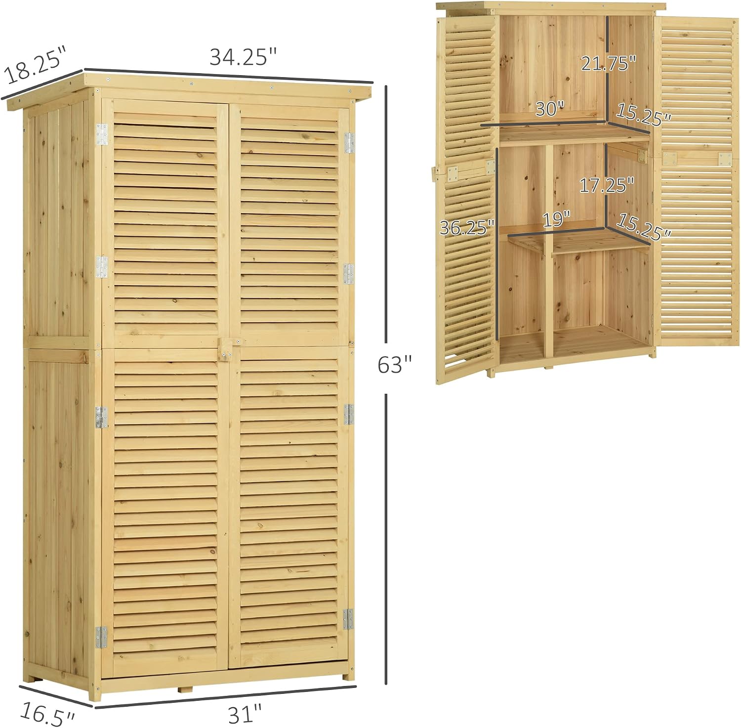 Outsunny 5' x 3' Wooden Outdoor Storage Cabinet, Garden Sheds & Outdoor Storage with Asphalt Roof & 2 Large Wood Doors with Lock, Natural