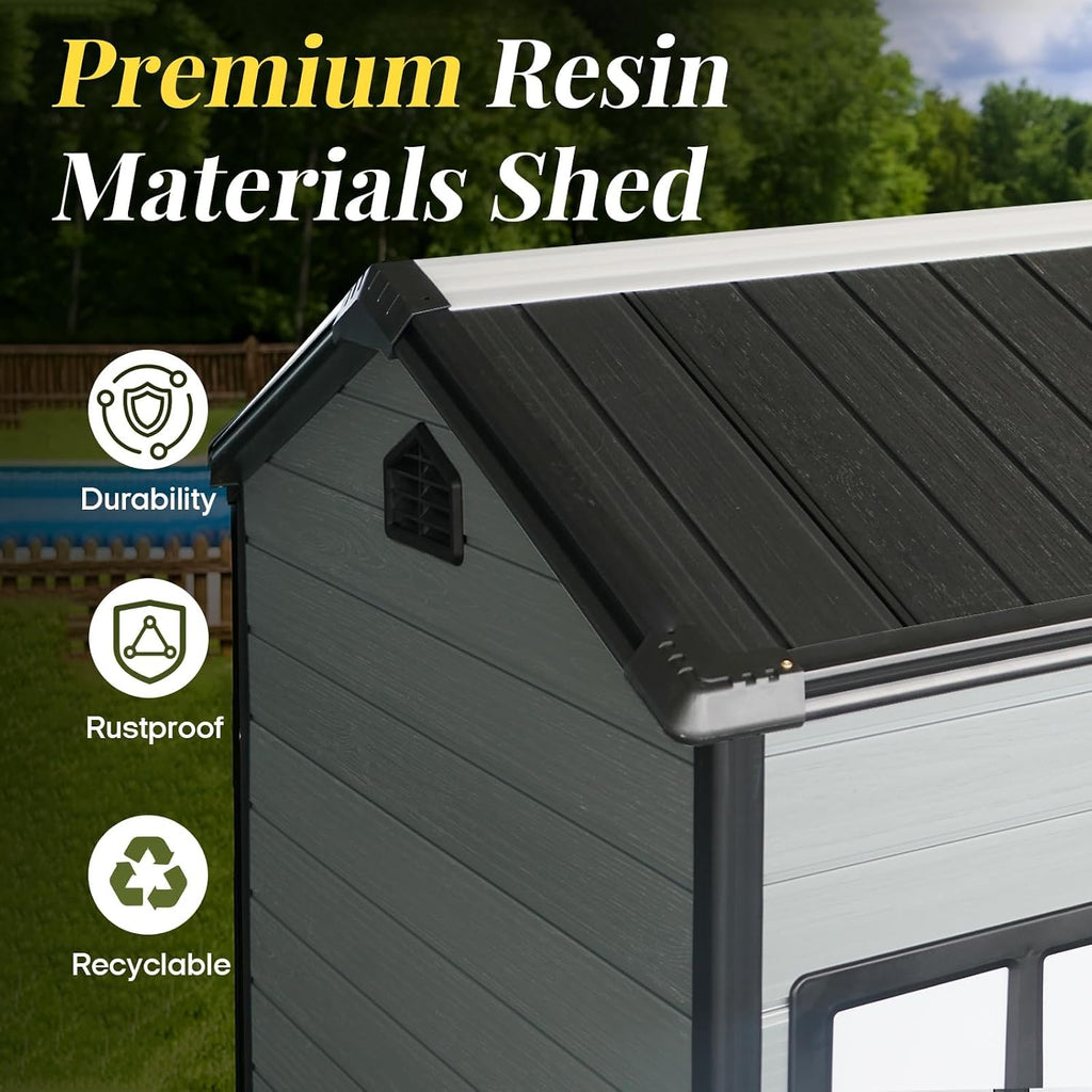 8x4ft Resin Outdoor Storage Shed with Floor and 2 Windows, Plastic Sheds & Outdoor Storage Clearance for Patio Furniture, GardenTools, Lawn Mower and Bike Accessories, Black+Grey