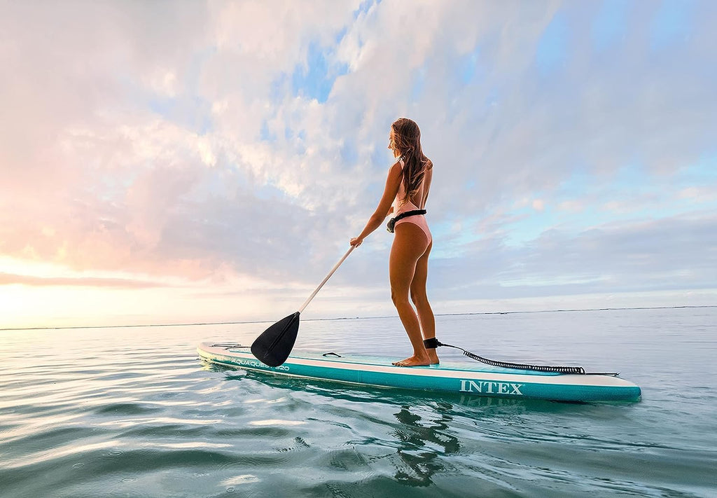 INTEX AquaQuest Inflatable Paddle Board Series: Includes Adjustable Paddle and High Pressure Pump – Tri-Fin Design – Slip-Resistant EVA Pad – Storage Rope – Drop Stitch Core