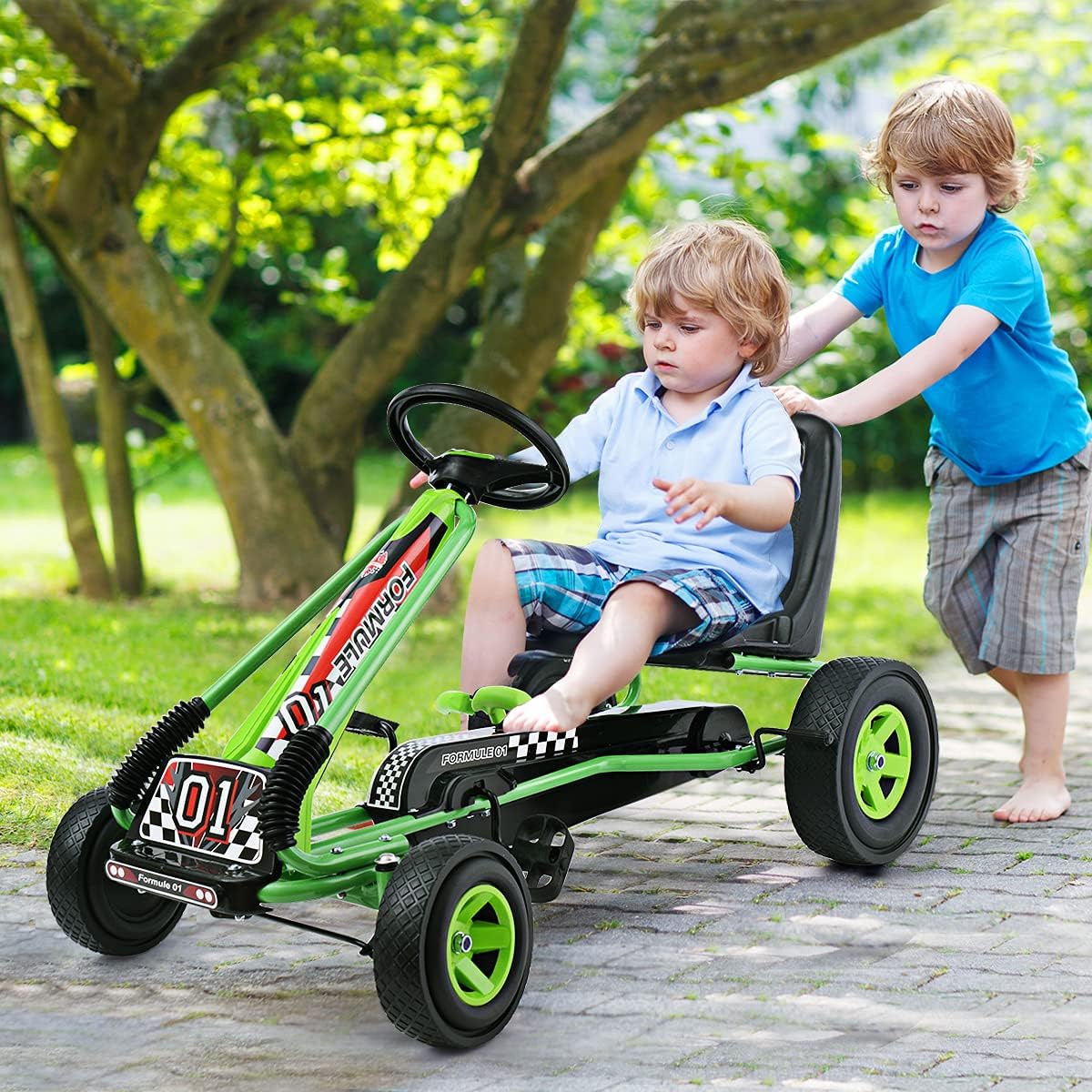 HONEY JOY Go Kart for Kids, 4 Wheel Quad Off-Road Pedal On Foot Go Cart w/Steering Wheels & Adjustable Seat, 2 Safety Brakes, EVA Tires, Clutch, Outdoor Racer Ride On Pedal Car (Green)