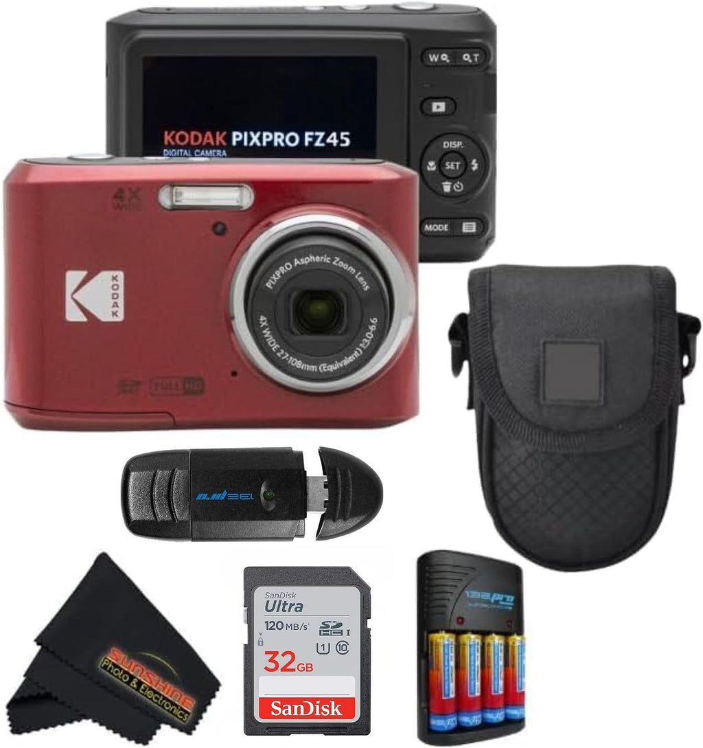KODAK PIXPRO FZ45 16MP CMOS Sensor Digital Camera 5X Optical Zoom with Sunshine Photo Microfiber Cleaning Cloth (Advanced Bundle, Red)