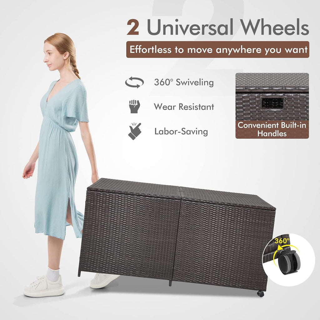 RELAX4LIFE 175-Gallon Outdoor Storage Box, Wicker Rattan Outside Storage Container Bin with Zippered Liner, 2 Universal Wheels, Gas Strut, Patio Deck Box for Backyard, Front Porch