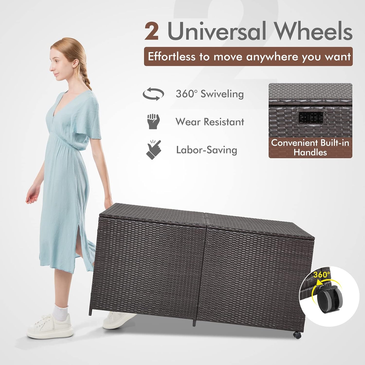 RELAX4LIFE 175-Gallon Outdoor Storage Box, Wicker Rattan Outside Storage Container Bin with Zippered Liner, 2 Universal Wheels, Gas Strut, Patio Deck Box for Backyard, Front Porch