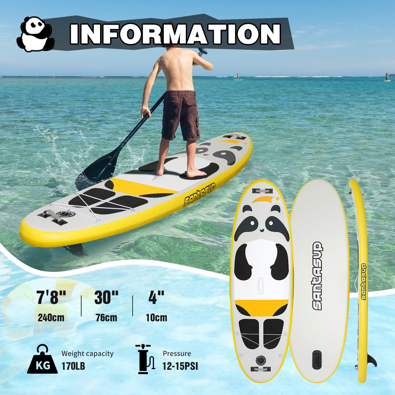 Kids Inflatable Paddle Board, 8ft Panda - Stand Up Paddle Board with Accessories, Durable & Stable Design, Wide Non-Slip Deck, Hand Pump for Youth & Kids
