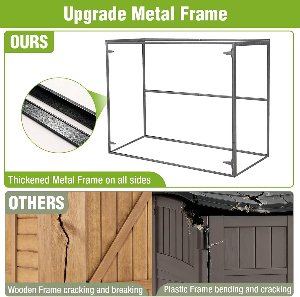 Outdoor Storage Shed with Strong Metal Frame, Wooden Garden Sheds with Adjustable Shelves and Removable Floor, Weatherproof Outdoor Trash Can Shed, Horizontal Storage Cabinet for Patio