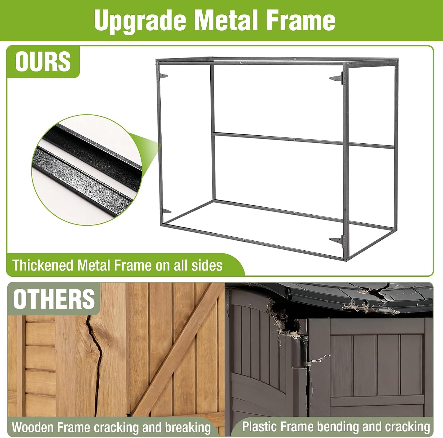 Outdoor Storage Shed with Strong Metal Frame, Wooden Garden Sheds with Adjustable Shelves and Removable Floor, Weatherproof Outdoor Trash Can Shed, Horizontal Storage Cabinet for Patio