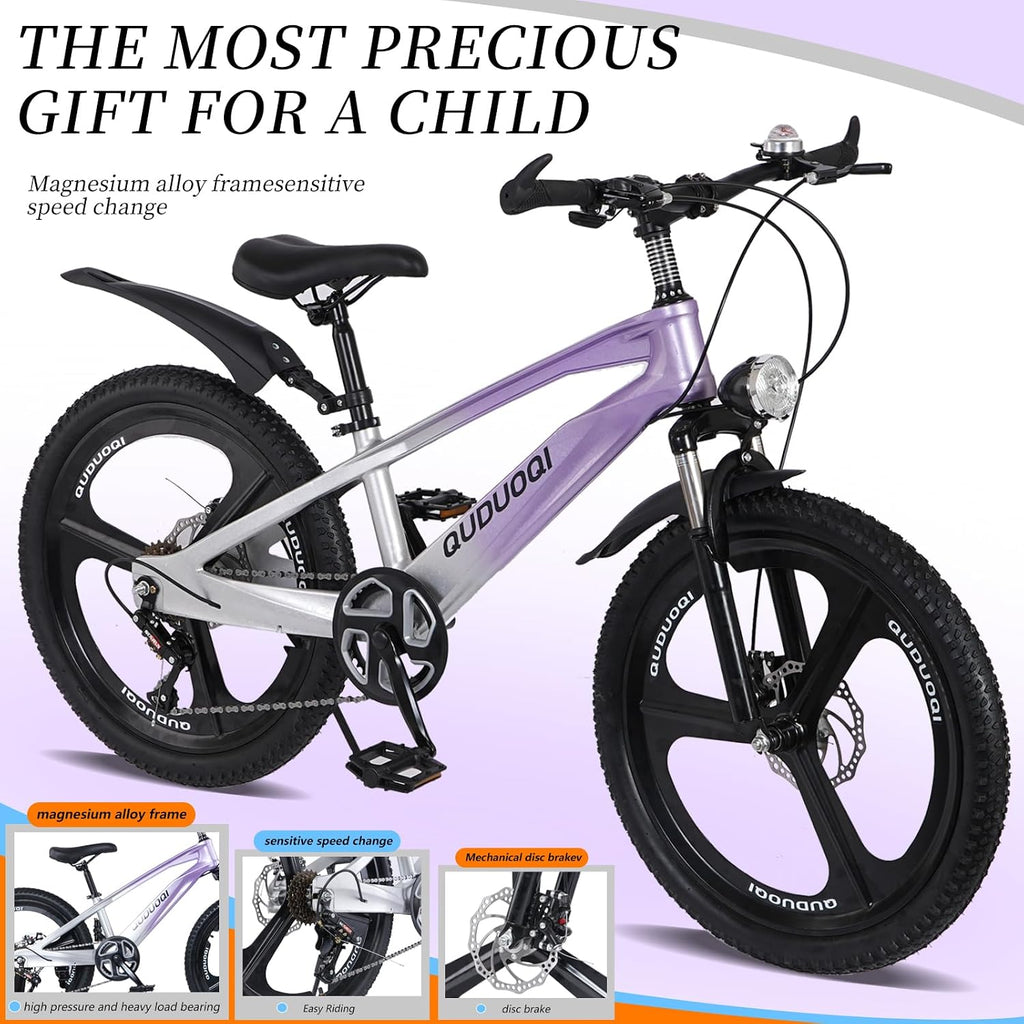 20 Inch Mountain Bike Bicycle for Kids Ages 7-12 with Dual Disc Brakes, 7 Speeds, Shock Absorber, LED Lights,for Boys & Girls
