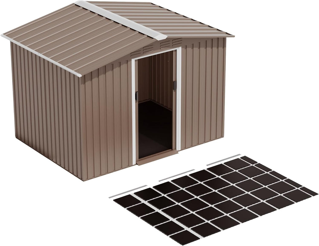 ALAULM 8'x6' Outdoor Storage Shed with Floor Outdoor Galvanized Metal Tool Shed with Vents & Sliding Door, Waterproof Garden Shed for Patio,Lawn,Backyard to Store Bikes,Tools-Brown