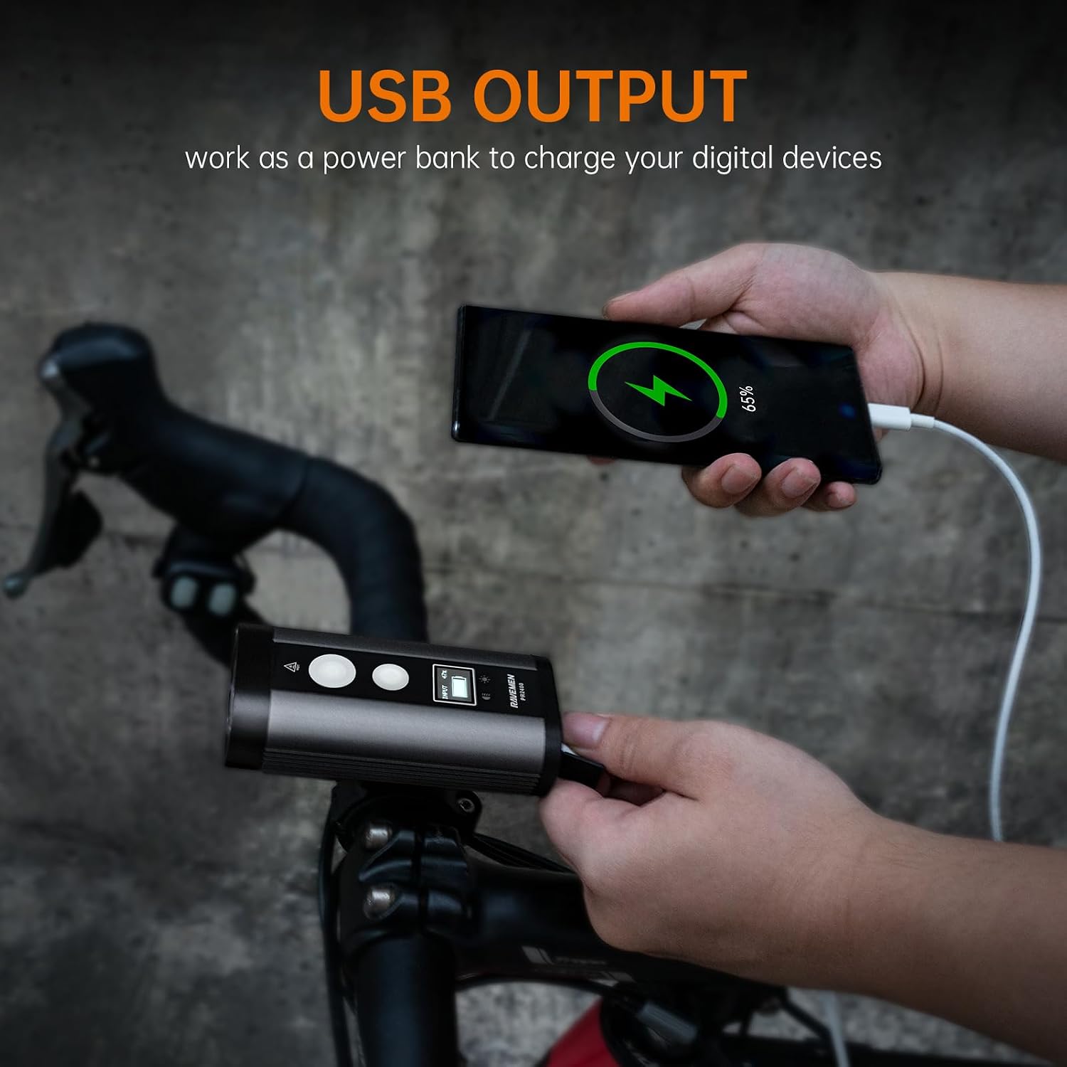 RAVEMEN PR2400 Bike Light for Mountain Biking, 2400 Lumens Bike Headlight with OLED Runtime Display, USB Output, Far Reaching High Beam, Anti-Glare Low Beam, IPX8 Waterproof